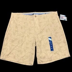 Caribbean Joe Men’s Khaki 40 Flat Front Leaf Print Island Shorts NWT